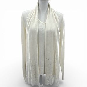 Debbie Morgan Petite XL Ivory V-Neck Sweater Scarf Rhinestones Soft Neutral Set